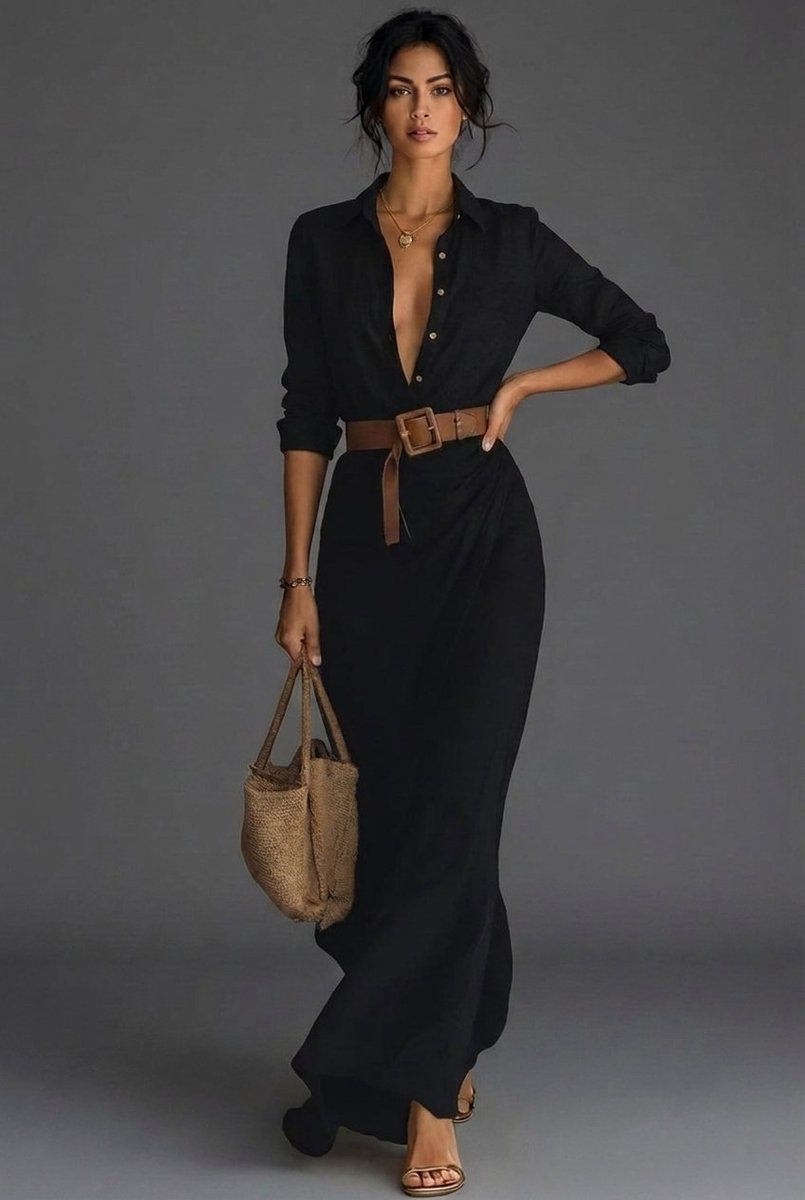 Women's Belted Wrap Long Sleeve Fall Dress Maxi - Black
