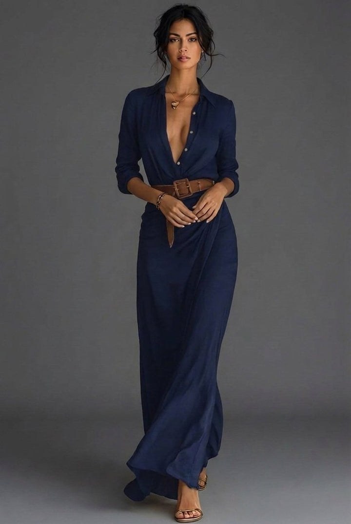 Women's Belted Wrap Long Sleeve Fall Dress Maxi - Navy Blue