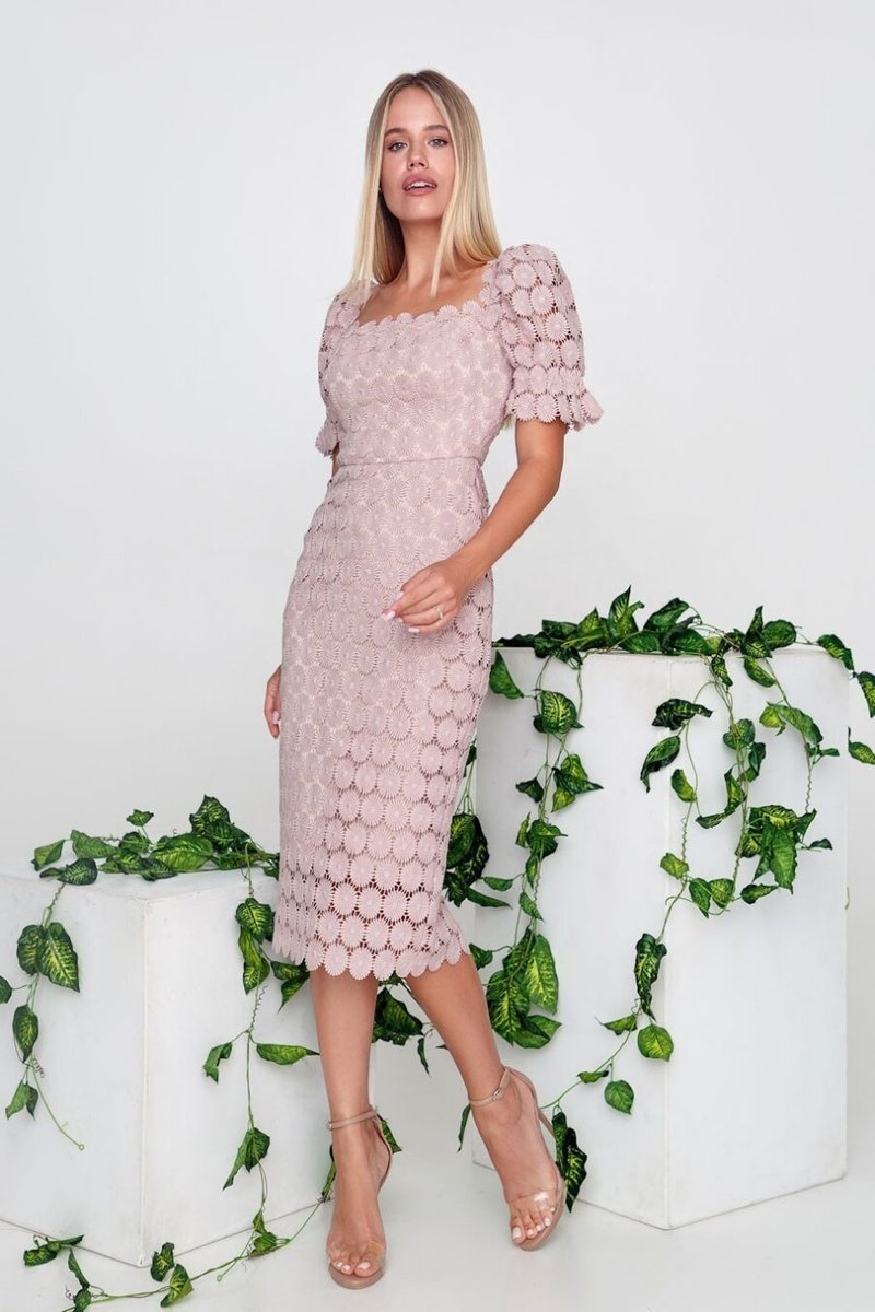Women's Black Lace Cap-Sleeve Fall Midi Dress