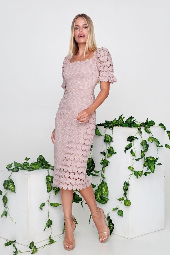 Women's Black Lace Cap-Sleeve Fall Midi Dress