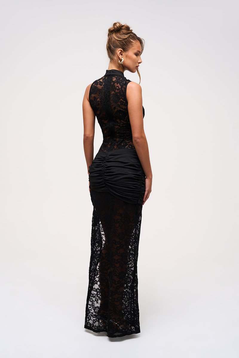 Women's Black Lace Maxi Fall Wedding Guest Dress High Slit