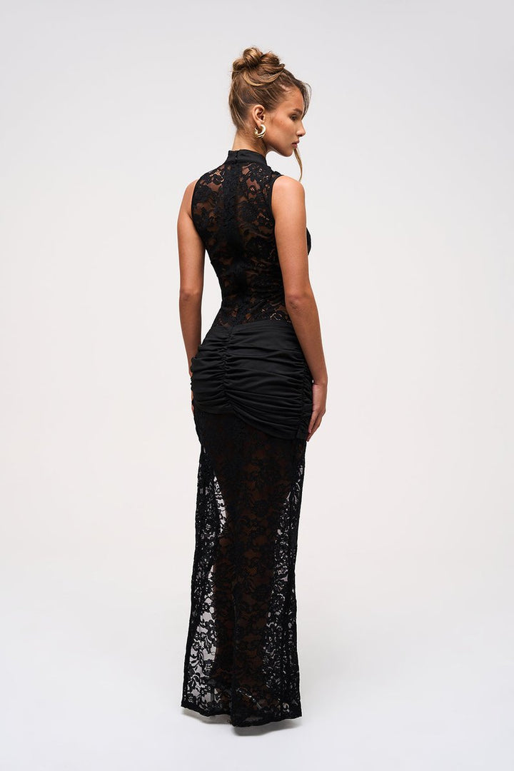 Women's Black Lace Maxi Fall Wedding Guest Dress High Slit