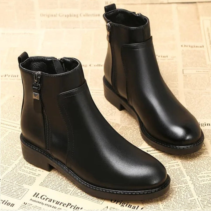 Women's Black PU Leather Side-Zip Block-Heel Ankle Boots