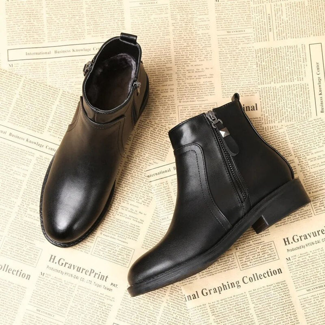 Women's Black PU Leather Side-Zip Block-Heel Ankle Boots