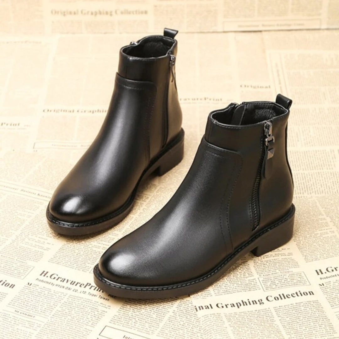 Women's Black PU Leather Side-Zip Block-Heel Ankle Boots