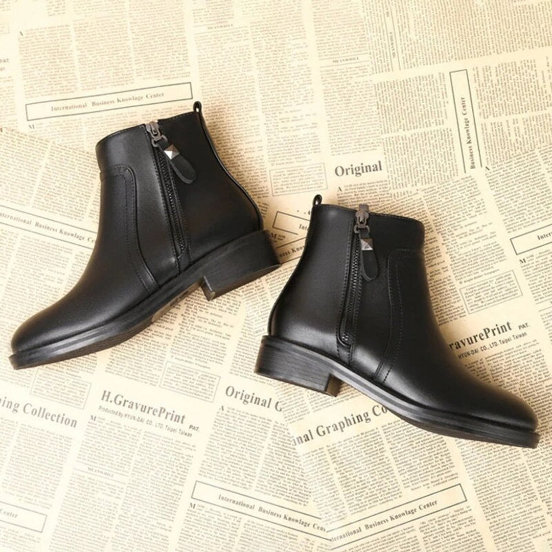 Women's Black PU Leather Side-Zip Block-Heel Ankle Boots