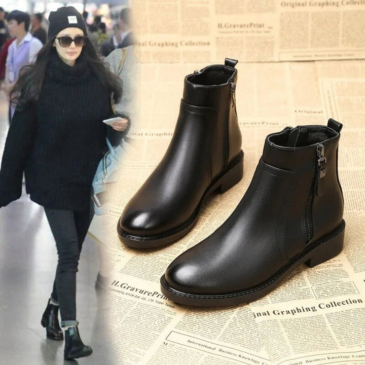 Women's Black PU Leather Side-Zip Block-Heel Ankle Boots