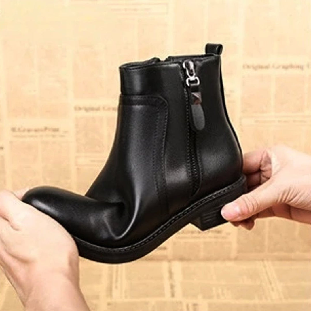 Women's Black PU Leather Side-Zip Block-Heel Ankle Boots
