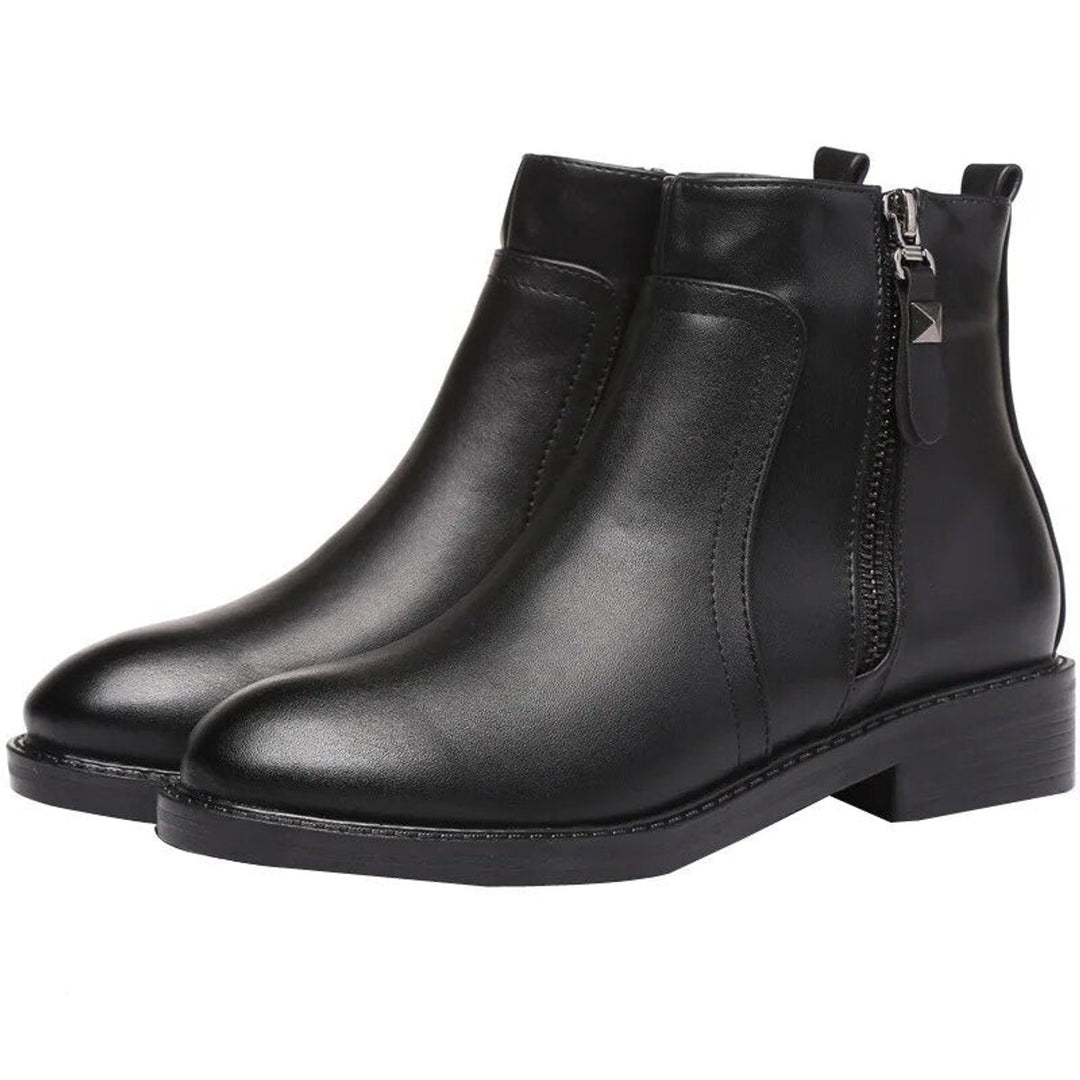Women's Black PU Leather Side-Zip Block-Heel Ankle Boots