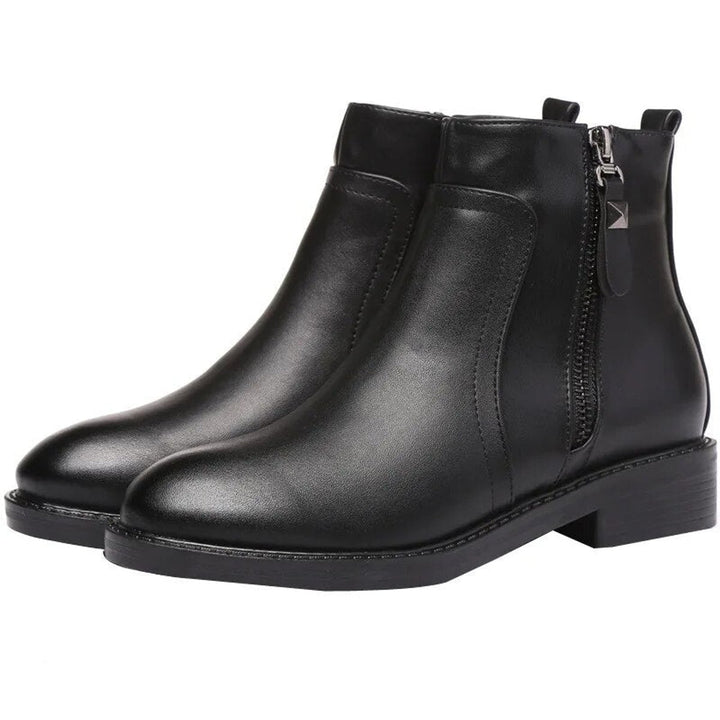 Women's Black PU Leather Side-Zip Block-Heel Ankle Boots