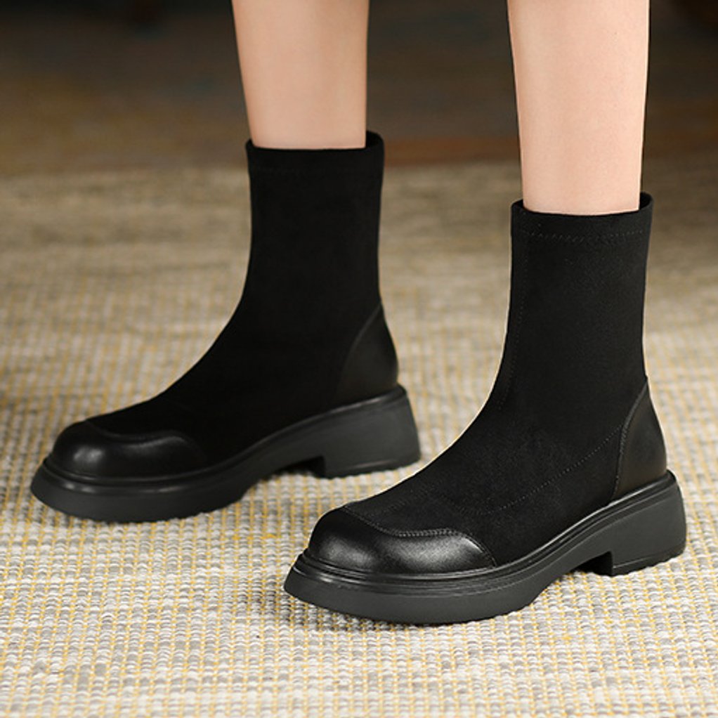 Women's Black Sock-Style Block Heel Ankle Boots