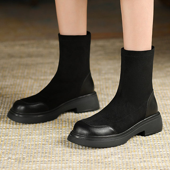 Women's Black Sock-Style Block Heel Ankle Boots