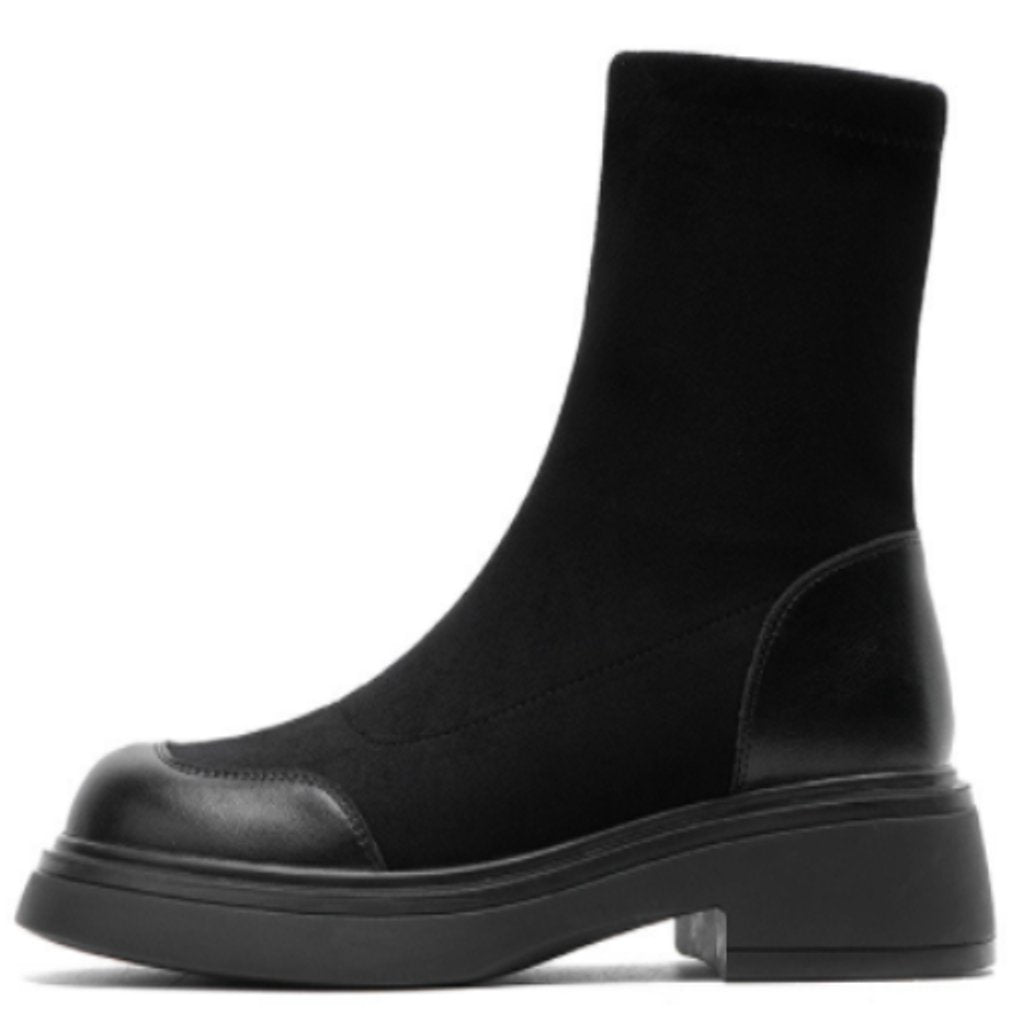 Women's Black Sock-Style Block Heel Ankle Boots
