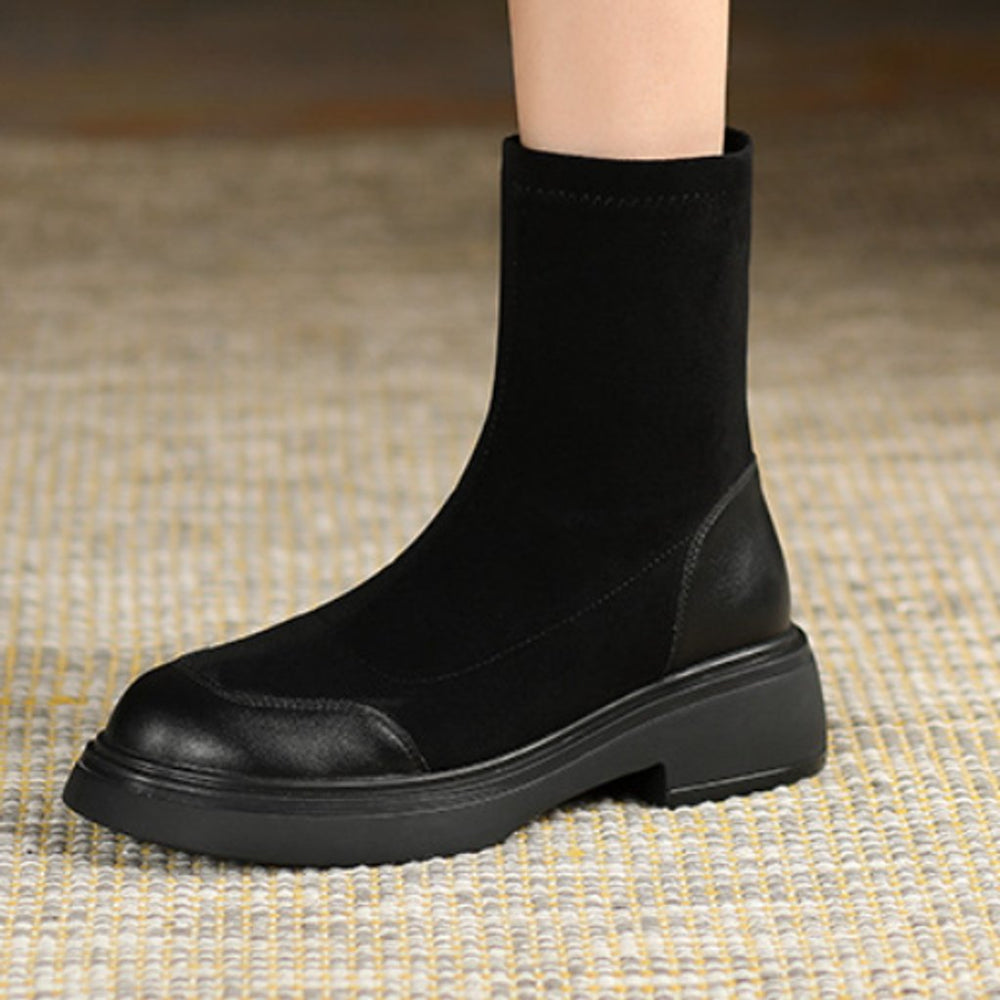 Women's Black Sock-Style Block Heel Ankle Boots