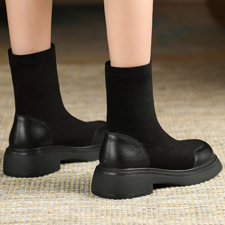 Women's Black Sock-Style Block Heel Ankle Boots