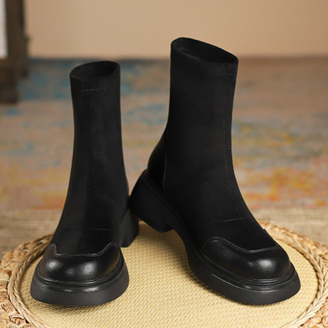 Women's Black Sock-Style Block Heel Ankle Boots