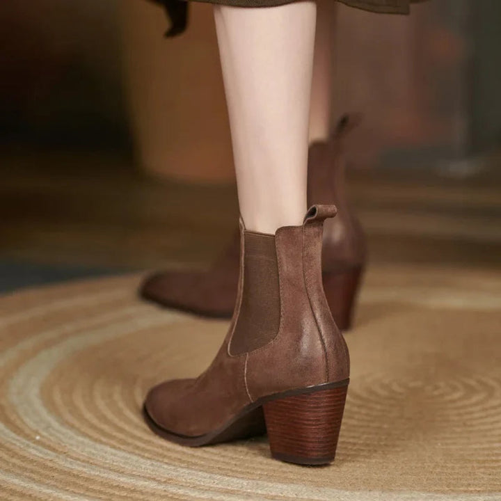 Women's Block Heel Chelsea Ankle Boots Pointed Toe Leather