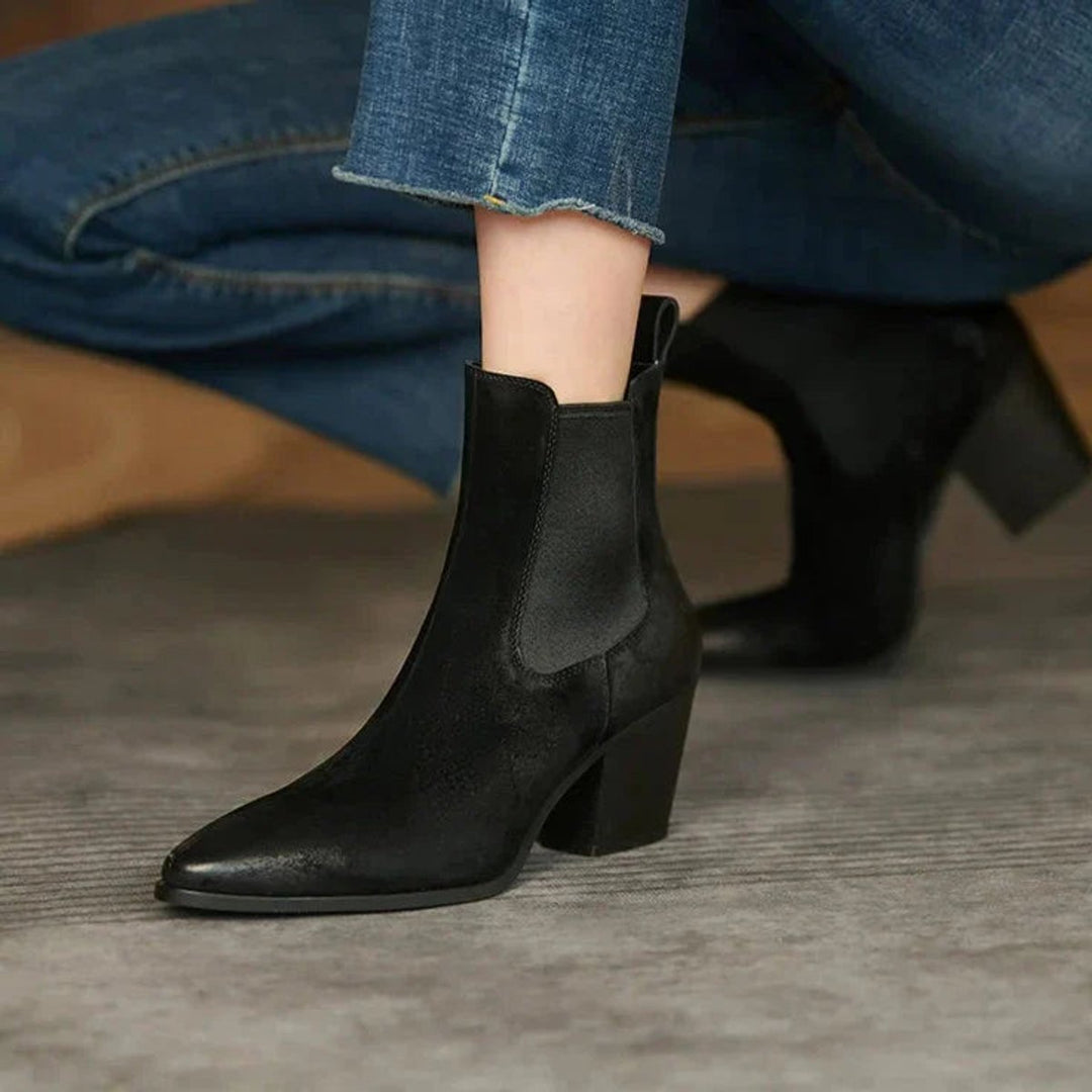 Women's Block Heel Chelsea Ankle Boots Pointed Toe Leather