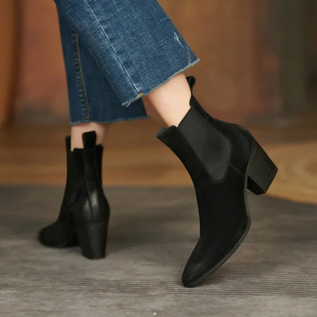Women's Block Heel Chelsea Ankle Boots Pointed Toe Leather