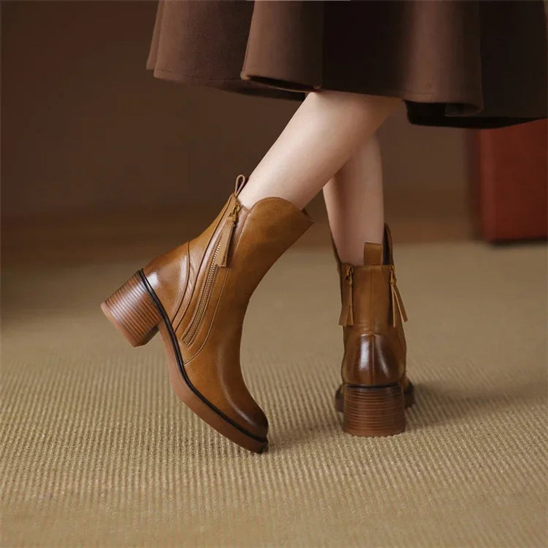 Women's Block Heel Side-Zip Leather Ankle Boots