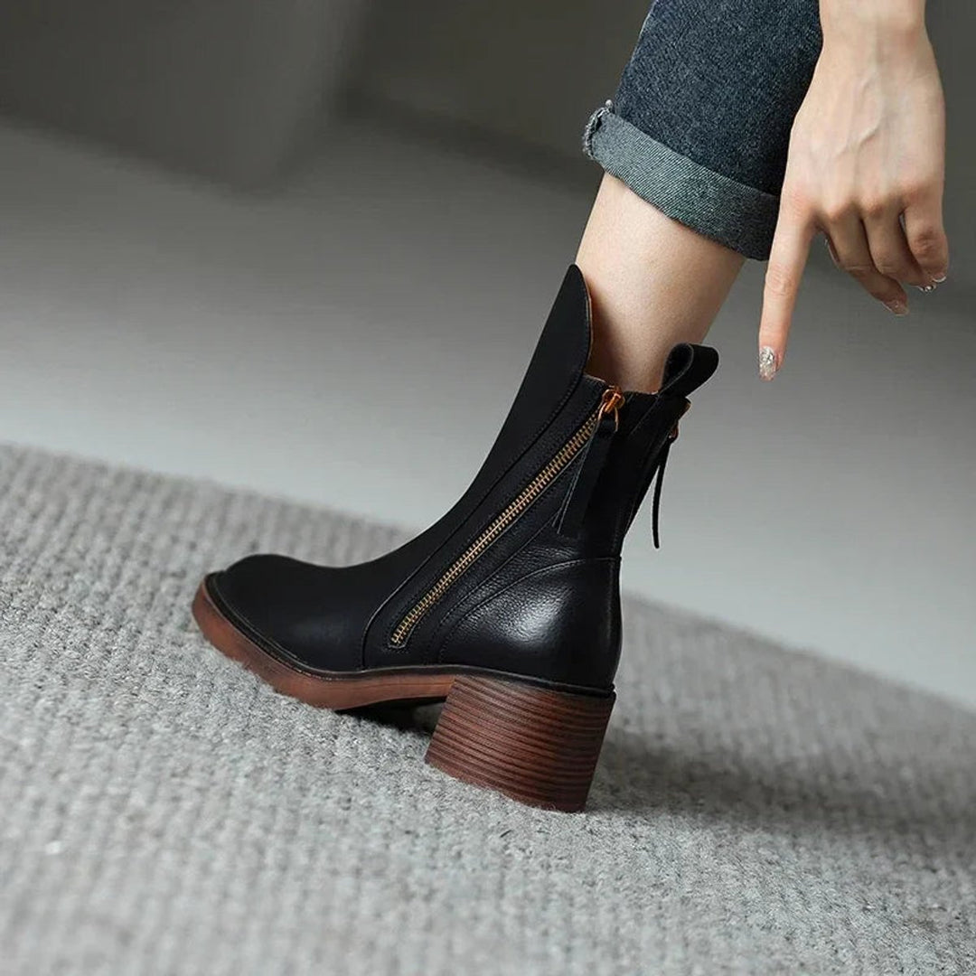 Women's Block Heel Side-Zip Leather Ankle Boots