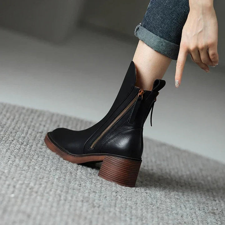 Women's Block Heel Side-Zip Leather Ankle Boots