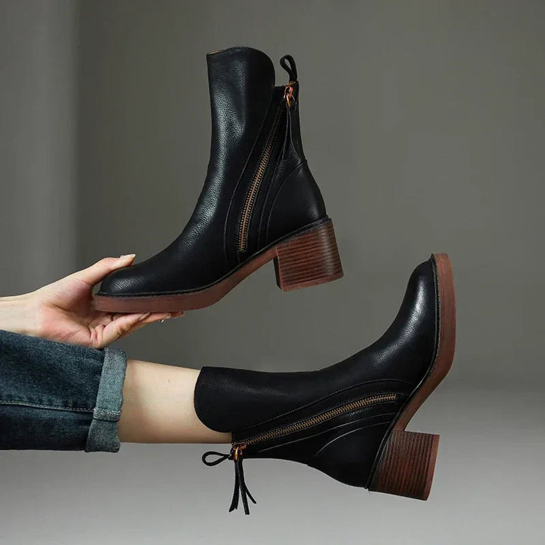 Women's Block Heel Side-Zip Leather Ankle Boots
