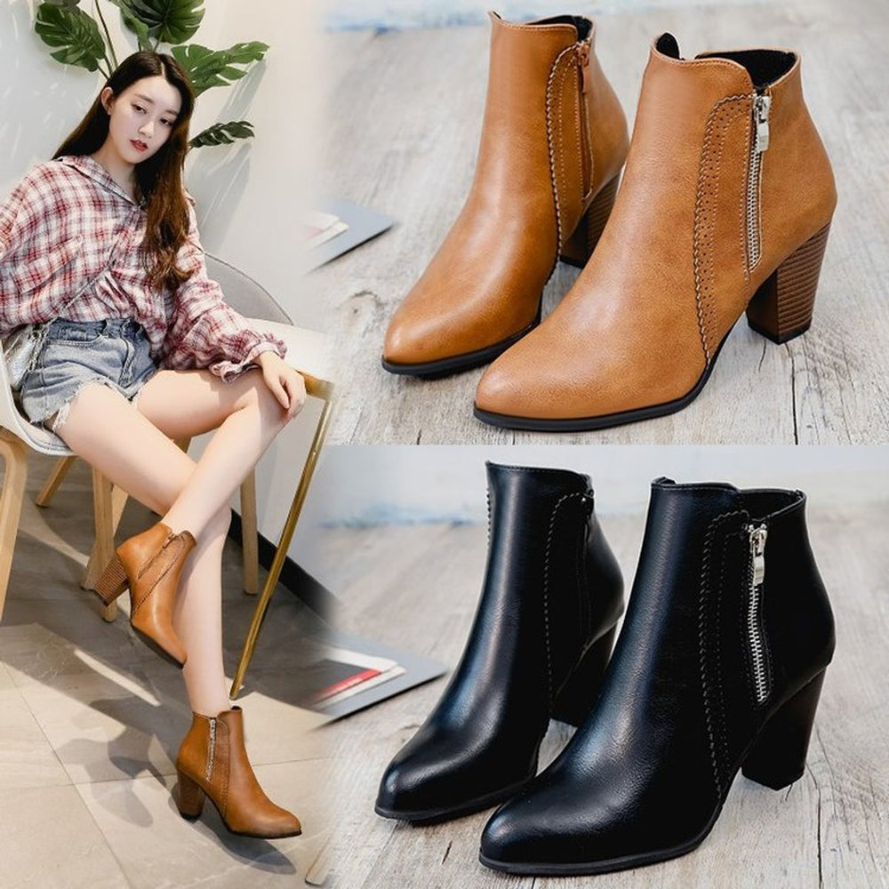 Women's Block-Heel Side-Zip Pointed-Toe Ankle Boots
