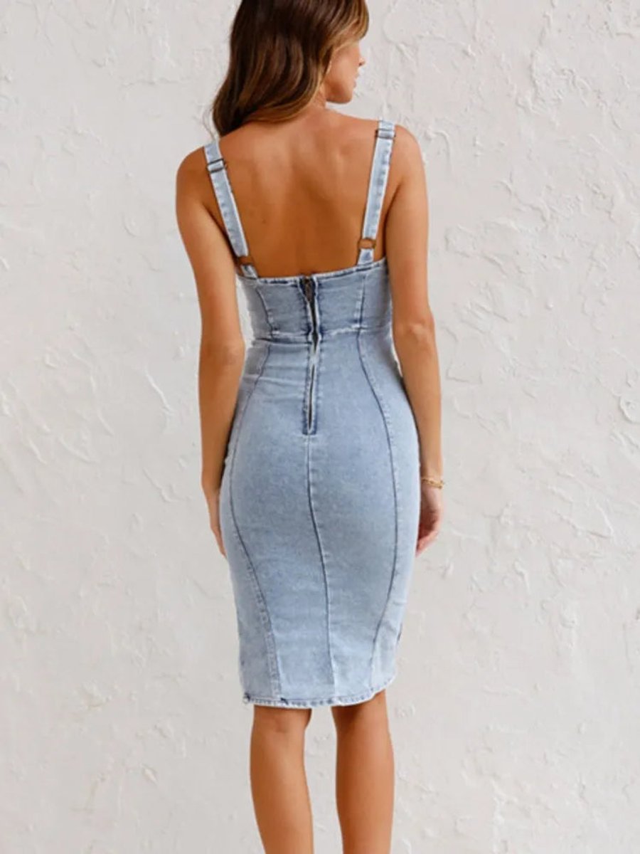 Women's Bodycon Denim Fall Midi Dress Adjustable Straps Side Slit
