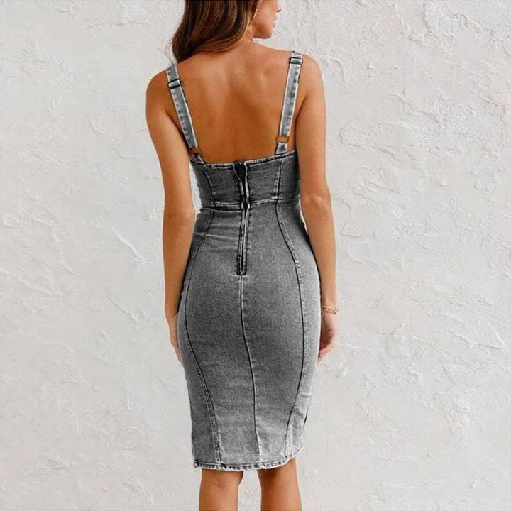Women's Bodycon Denim Fall Midi Dress Front-Zip Side-Slit