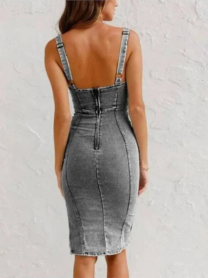 Women's Bodycon Denim Fall Midi Dress Open-Back Corset