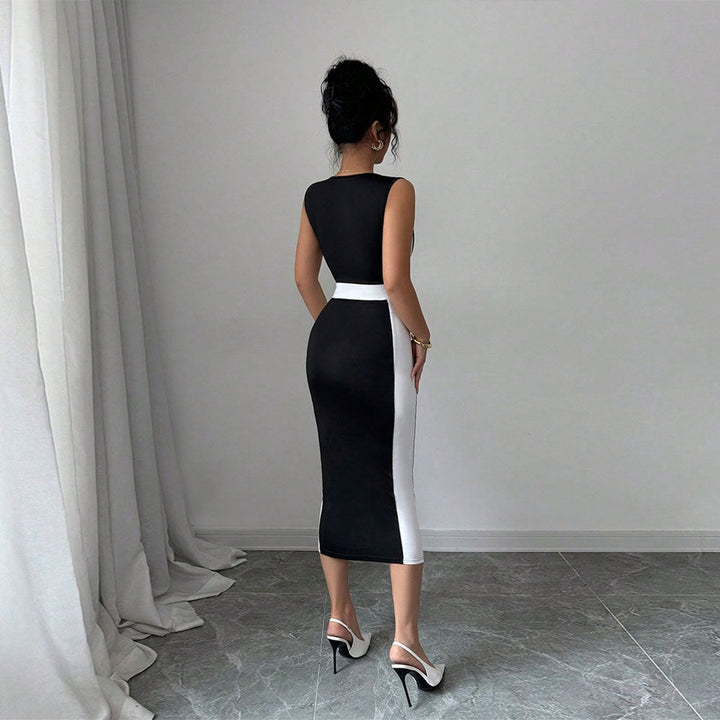 Women's Bodycon Square-Neck Color Block Fall Midi Dress