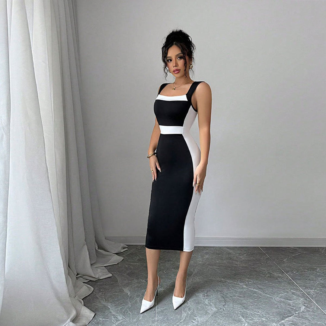 Women's Bodycon Square-Neck Color Block Fall Midi Dress