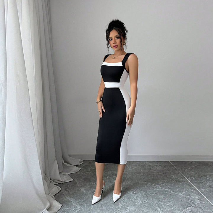 Women's Bodycon Square-Neck Color Block Fall Midi Dress