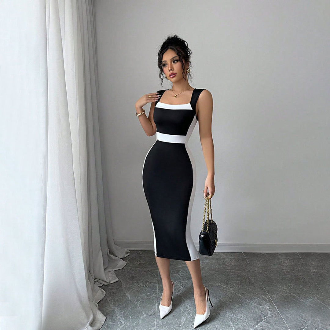 Women's Bodycon Square-Neck Color Block Fall Midi Dress