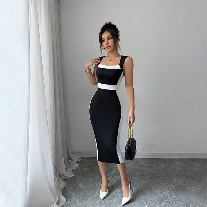 Women's Bodycon Square-Neck Color Block Fall Midi Dress