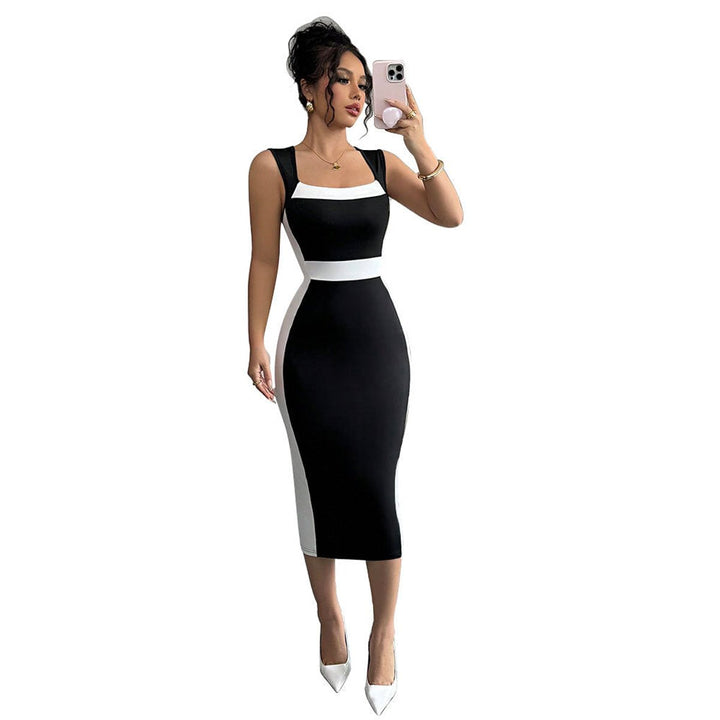Women's Bodycon Square-Neck Color Block Fall Midi Dress