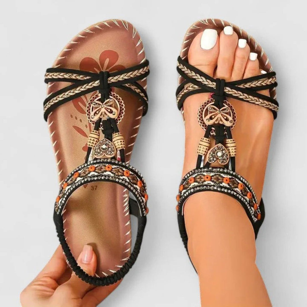 Women's Bohemian Beaded Strappy Flat Open-Toe Sandals