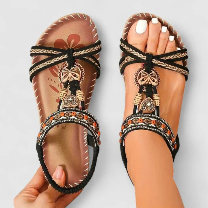 Women's Bohemian Beaded Strappy Flat Open-Toe Sandals
