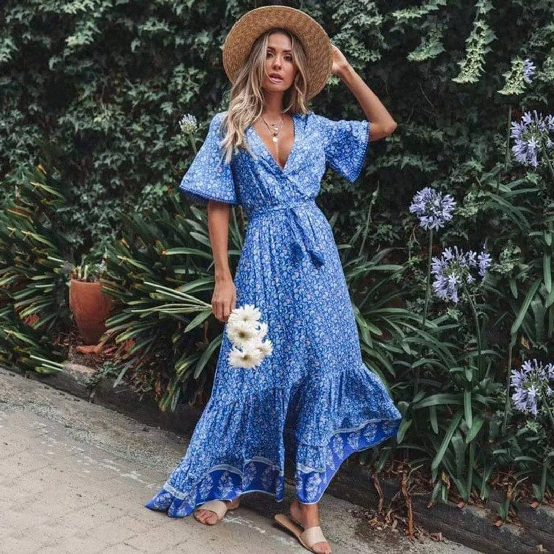 Women's Bohemian Floral Wrap Formal Dress Flutter-Sleeve Maxi
