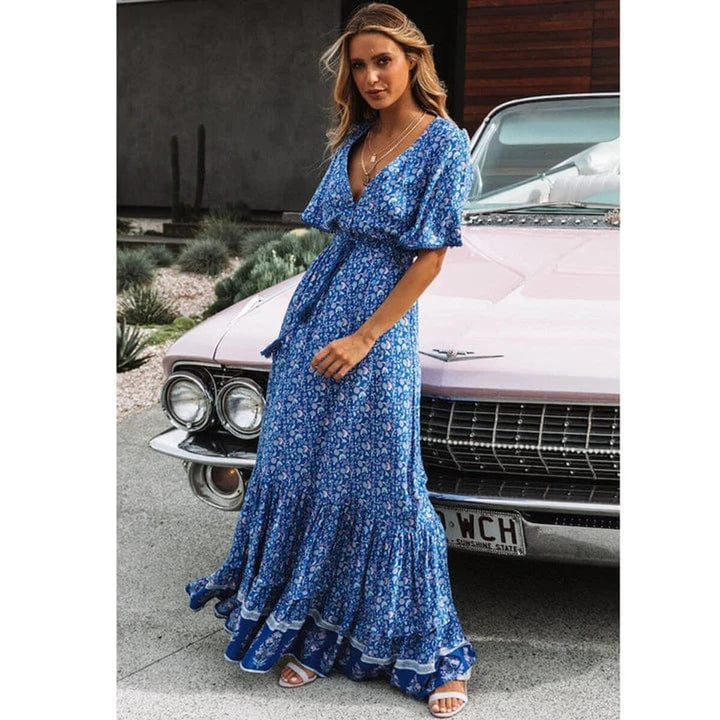 Women's Bohemian Floral Wrap Formal Dress Flutter-Sleeve Maxi