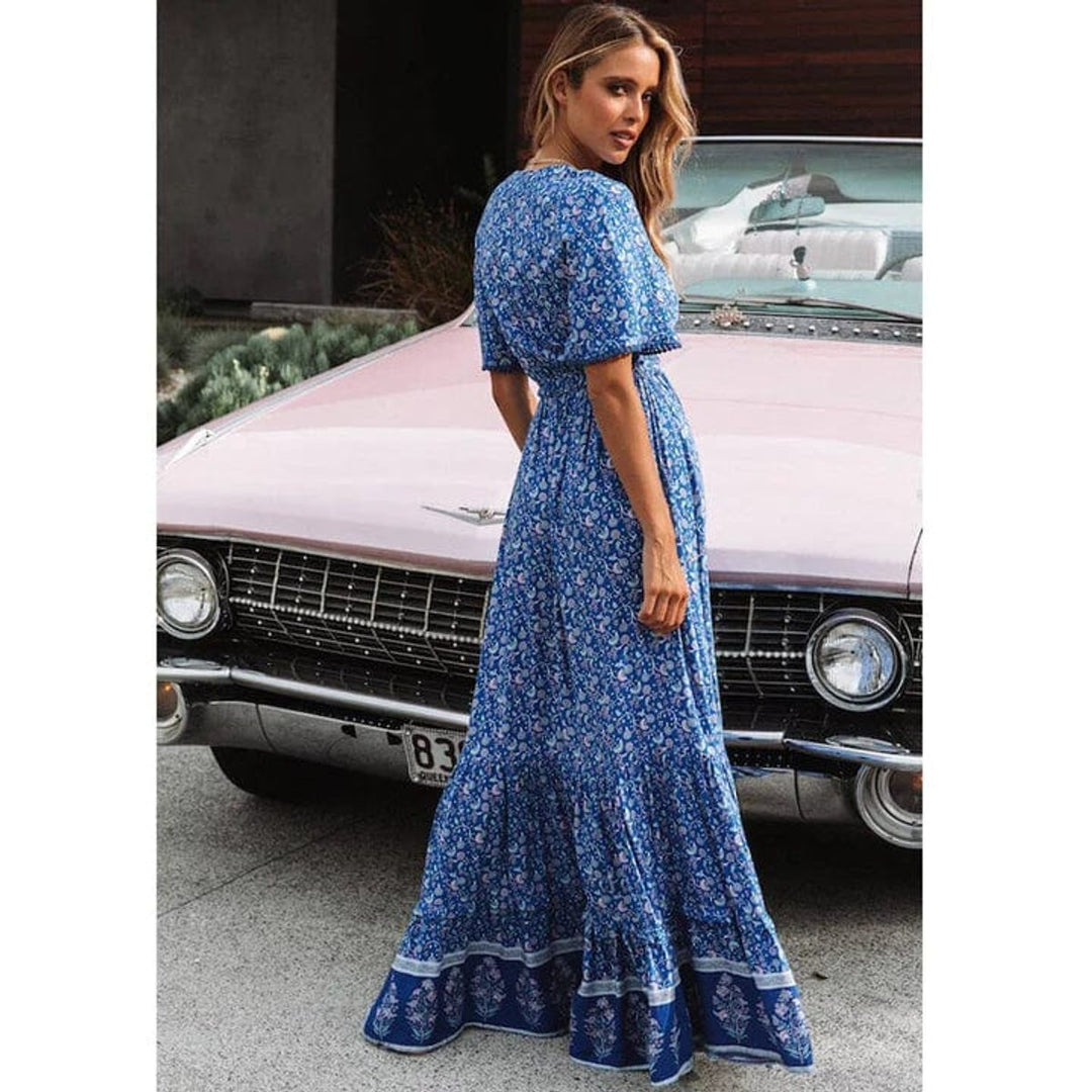Women's Bohemian Floral Wrap Formal Dress Flutter-Sleeve Maxi