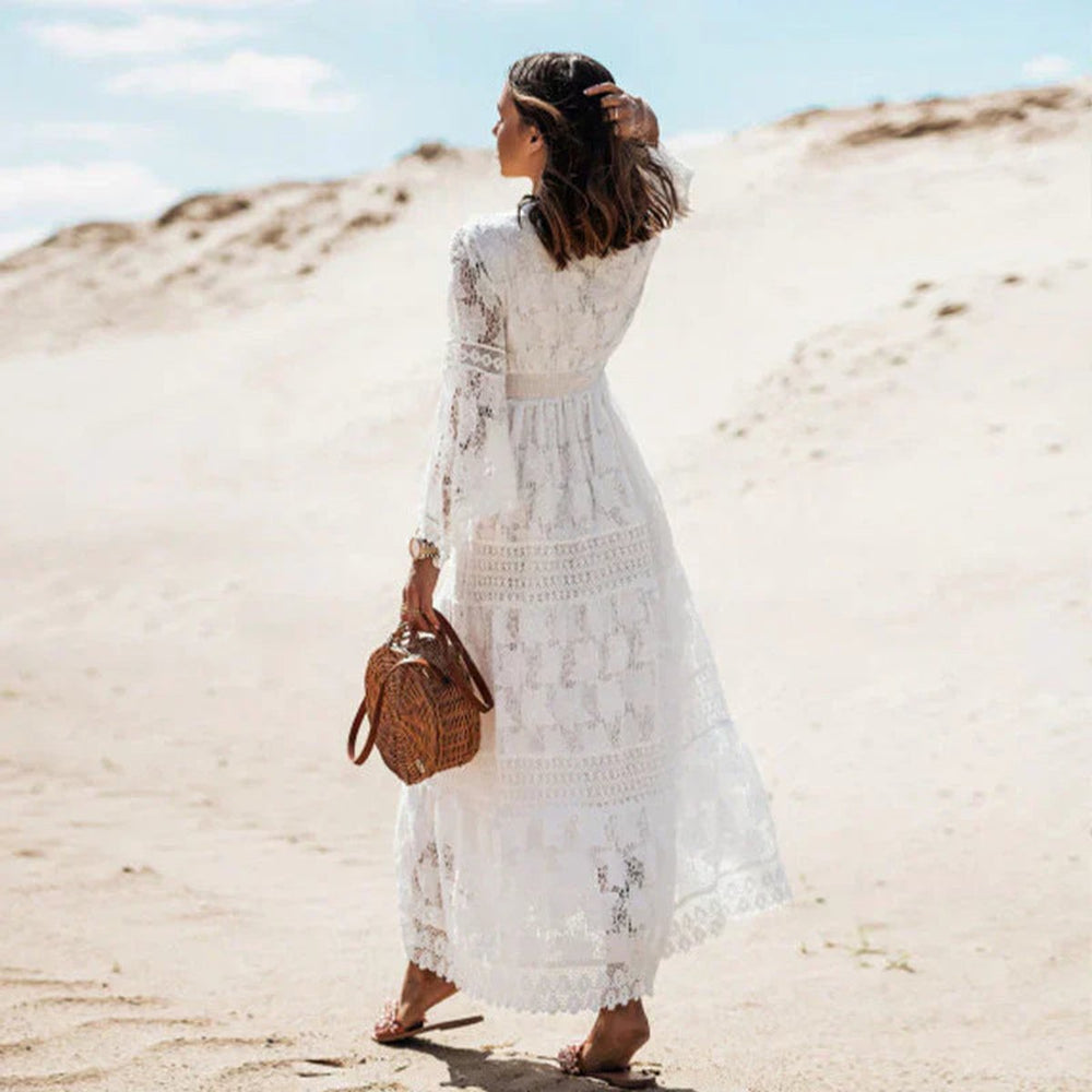 Women's Bohemian Lace Long Sleeve Fall Dress Flowy Maxi