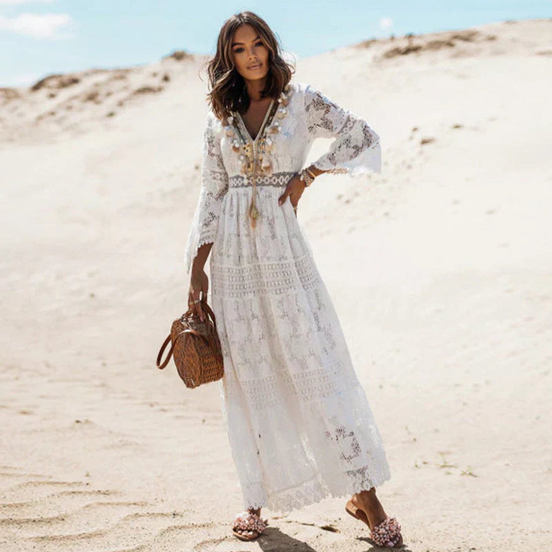 Women's Bohemian Lace Long Sleeve Fall Dress Flowy Maxi