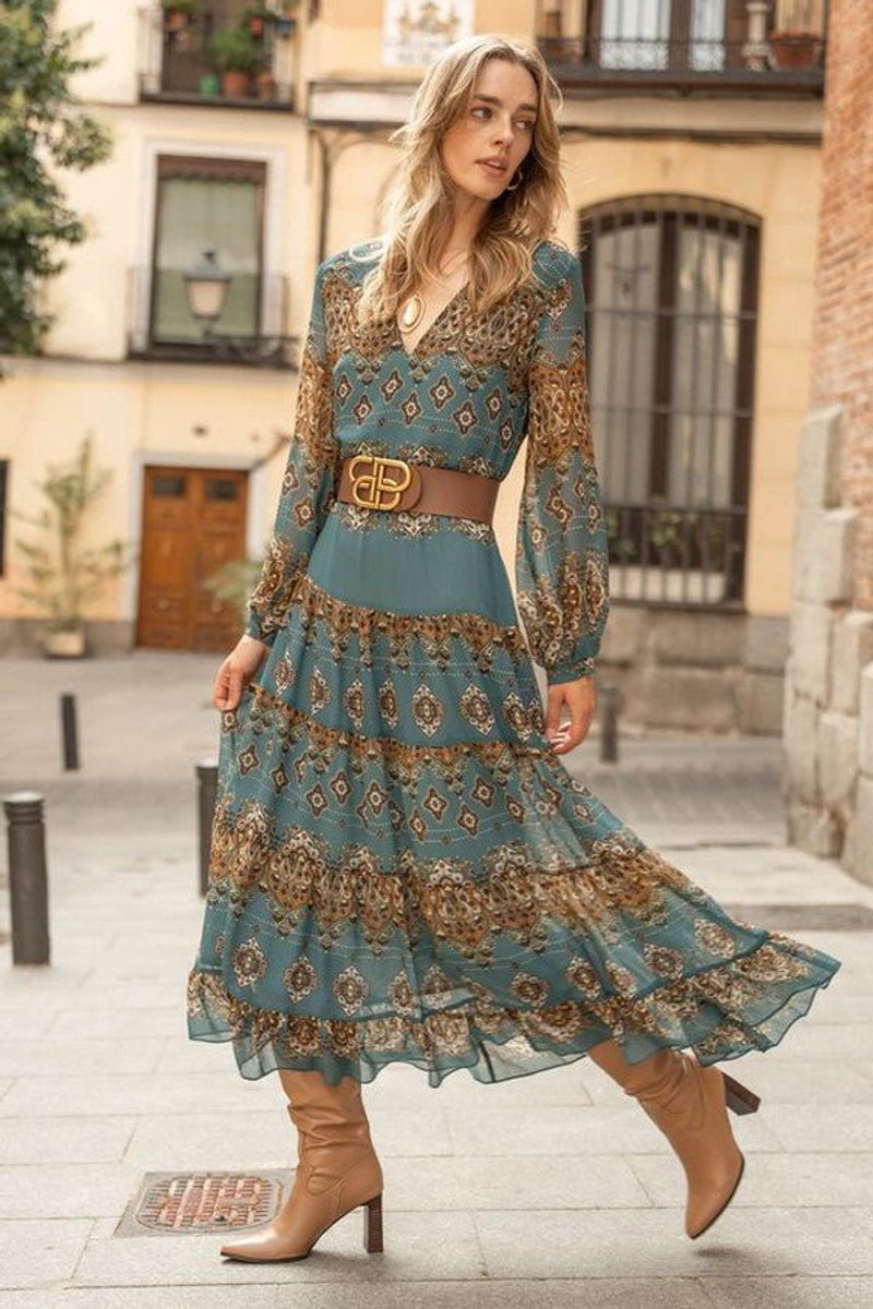Women's Bohemian Medallion Print Long Sleeve Fall Dress Chiffon Tiered Midi