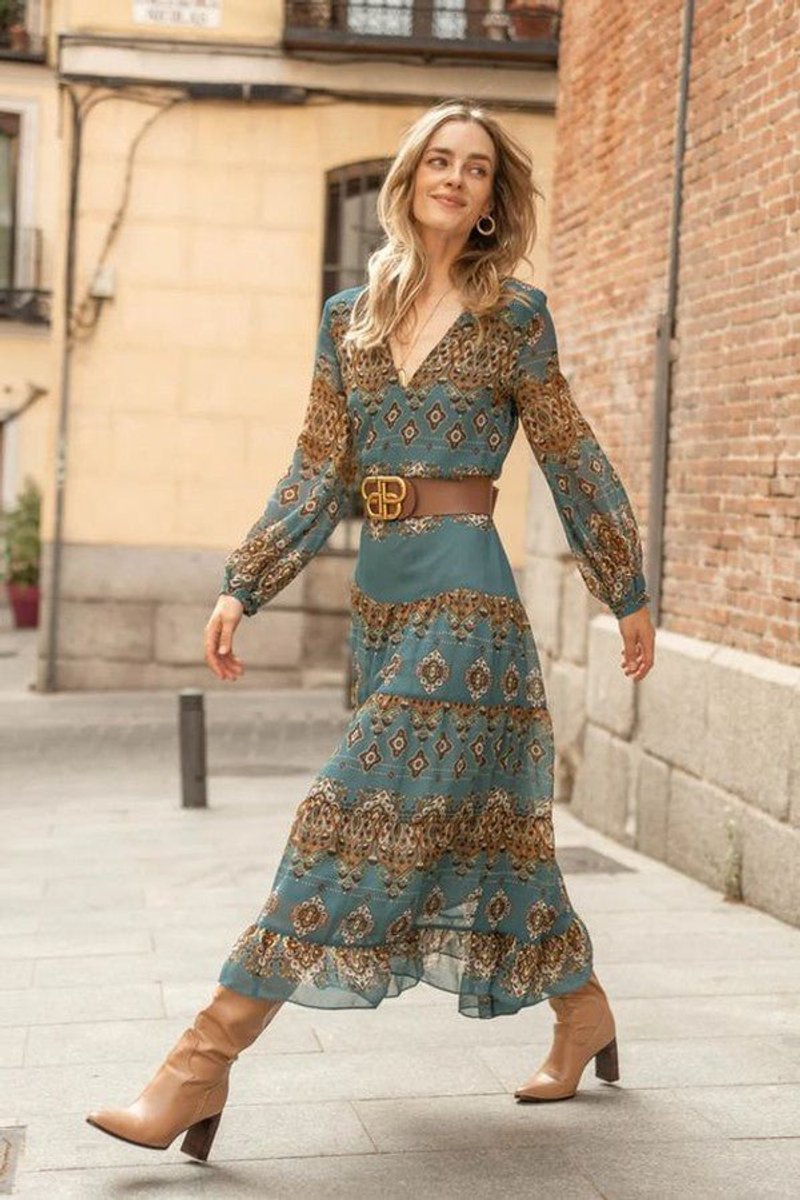 Women's Bohemian Medallion Print Long Sleeve Fall Dress Chiffon Tiered Midi