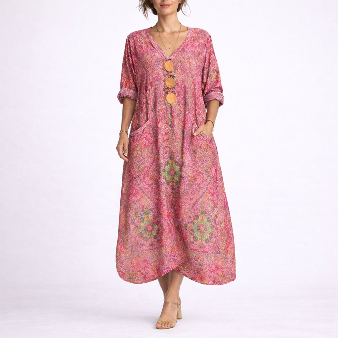 Women's Bohemian Paisley Maxi Fall Wedding Guest Dress V-Neck Kaftan