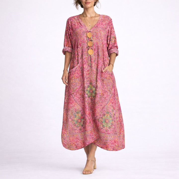 Women's Bohemian Paisley Maxi Fall Wedding Guest Dress V-Neck Kaftan