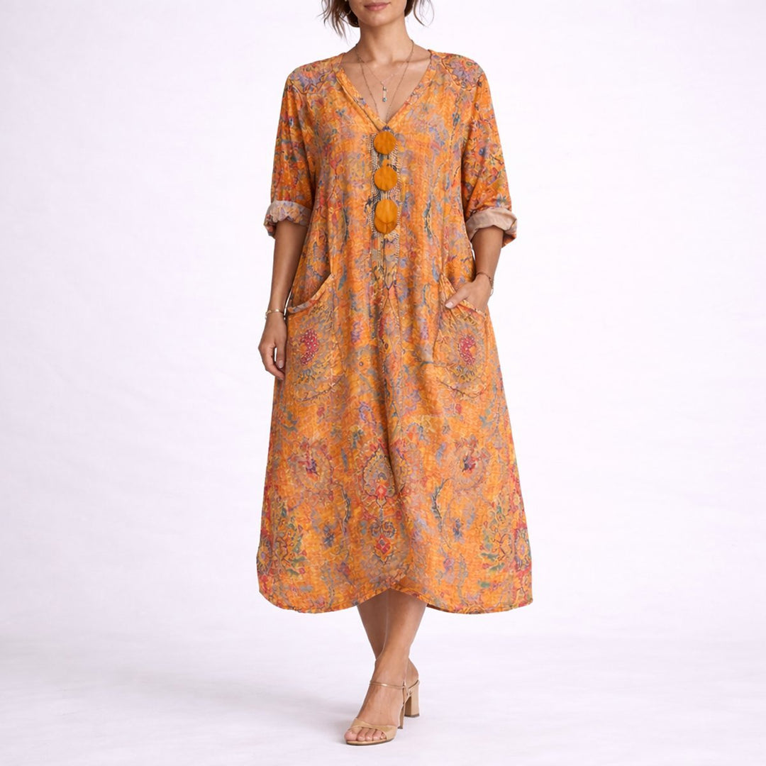 Women's Bohemian Paisley Maxi Fall Wedding Guest Dress V-Neck Kaftan