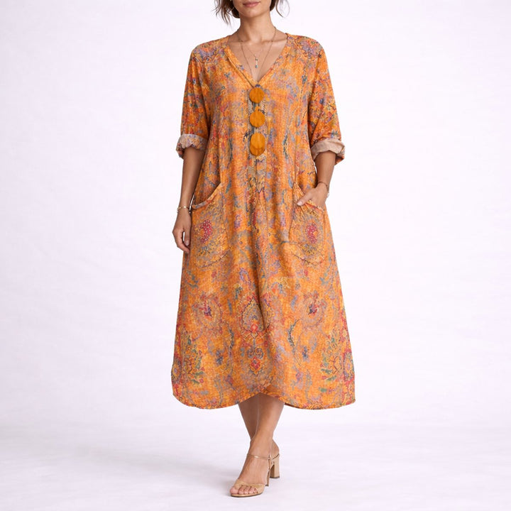 Women's Bohemian Paisley Maxi Fall Wedding Guest Dress V-Neck Kaftan